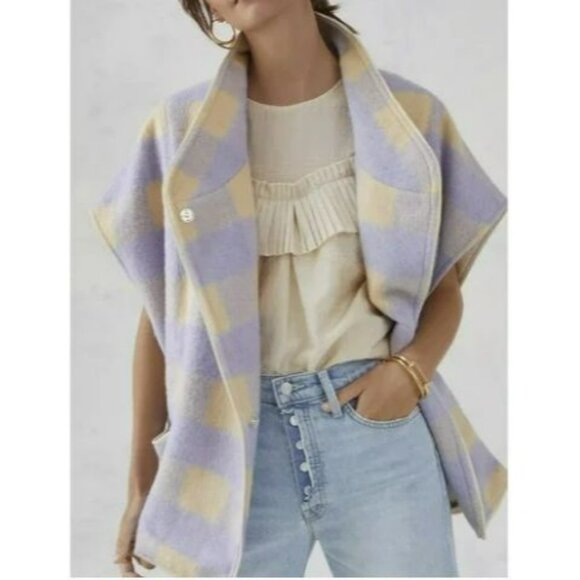 Anthropologie Andersen & Lauth Short Sleeve Button-Up Poncho Capelet Plaid - Picture 8 of 8